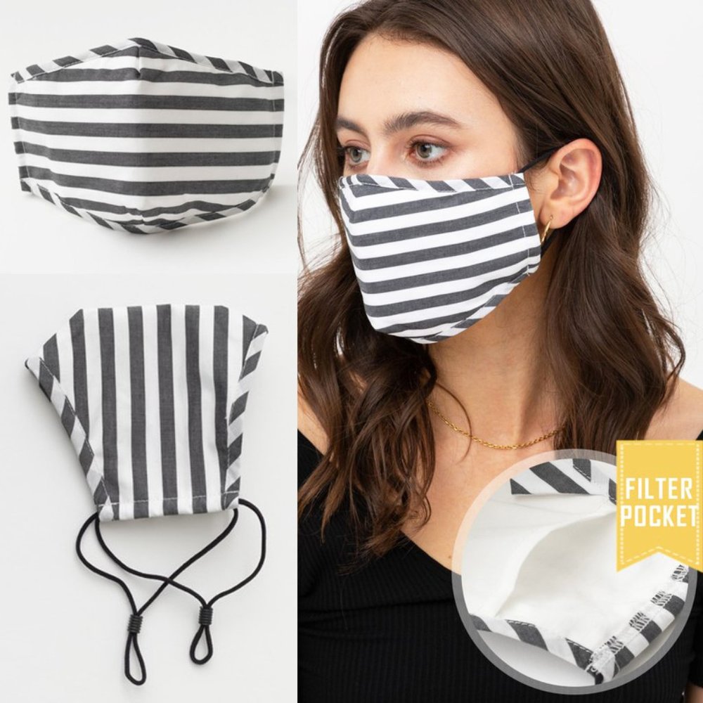 Black Striped Reusable 3 Layer Filter Pocket Mask